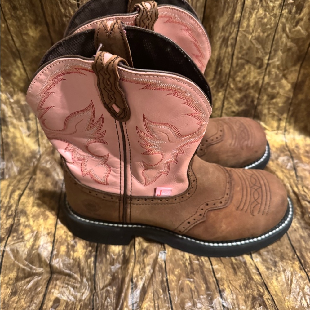 Justin Gypsy Brown and Pink Leather Western Boots Size 10B - Picture 2 of 9